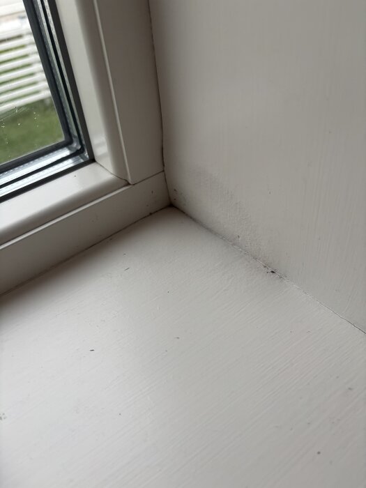 Fönsterkarmissa näkyy vaalea, epämääräinen läikkä ja kosteuden merkkejä. Seinän ja ikkunalaudan kulma, havaittu ongelma.