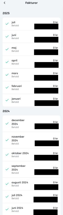 Lista över betalda fakturor för månaderna januari 2024 till juli 2025, alla med 0 kr belopp.