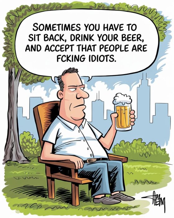 Man sitter i en stol utomhus, håller en öl och ser fundersam ut. Text ovan huvudet lyder: "Sometimes you have to sit back, drink your beer, and accept that people are f*cking idiots.