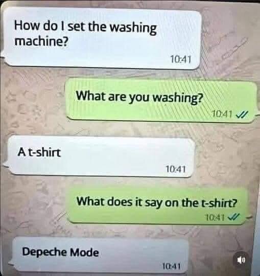 Konversation i textmeddelanden diskuterar inställning av tvättmaskin och en t-shirt med texten "Depeche Mode".