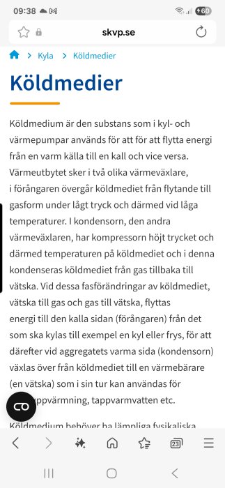 Skärmbild av en webbplats om köldmedier med brödtext som beskriver köldmediernas funktion i kyl- och värmepumpar.