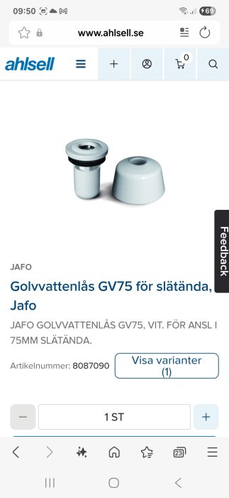 Golvvattenlås GV75 för slätända, Jafo. Vit, artikelnummer 8087090. Två delar på vit bakgrund.