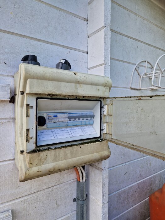 Elcentral på yttervägg med öppen dörr, smutsig yta och synliga ledningar; risk för elbrand och kortslutning misstänks i diskussionen.