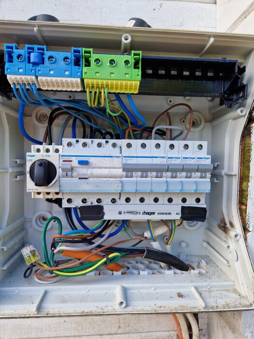Elektrisk central med säkringsbrytare och färgade kablar, synlig yttre skada och tecken på fukt, monterad på en yttervägg.