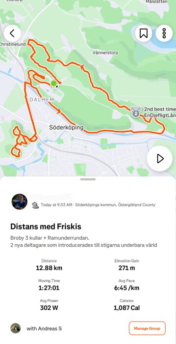 Karta över en löprunda i Söderköping med detaljer om distans, tid, höjdstigning och kaloriförbrukning.