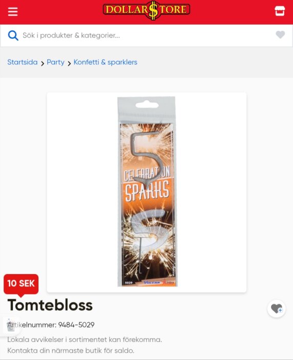 Förpackning med tomtebloss i form av siffran fem från Dollarstore, med etikett "Celebration Sparks".