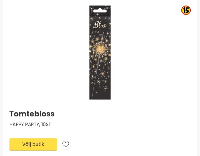 Förpackning med tomtebloss, "Bloss Happy Party, 10 st" på svart bakgrund.