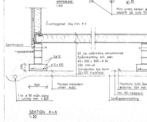 Ritning över husgrund med krypgrund, som visar detaljerad konstruktion med sulor, makadam och andra byggkomponenter.