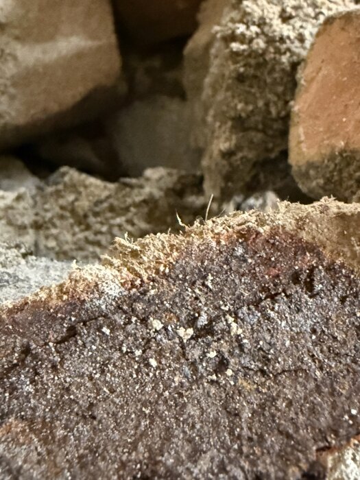 Gammal källarisolering på rör, exponerad under ett bortbilat golv i ett hus från 1937.