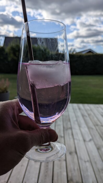 Ett glas med Bombay Gin och rabarbertonic hålls upp mot en molnig himmel, med träaltan i bakgrunden.