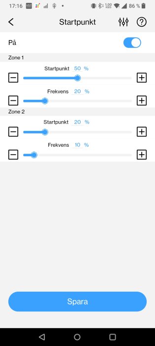 Skärmdump av appen "Robotic mower" som visar justering av startpunkt och frekvens i zon 1 och zon 2, med procentsatser och sparknapp nederst.
