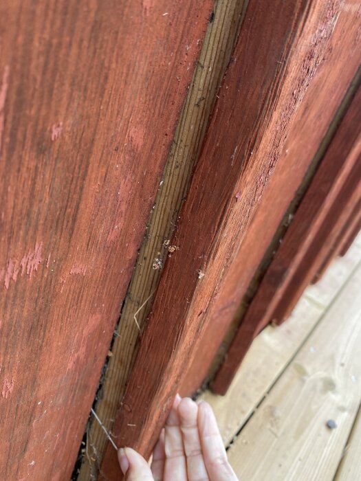 Röd fasad med sliten färg, visar unik lockläkt med träkil, hand pekar på detalj.