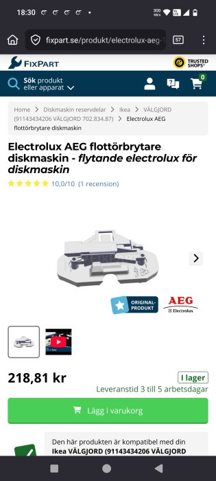 Electrolux AEG flottörbrytare för diskmaskin, vit komponent, originalprodukt, pris 218,81 kr, leveranstid 3-5 dagar, köp online.