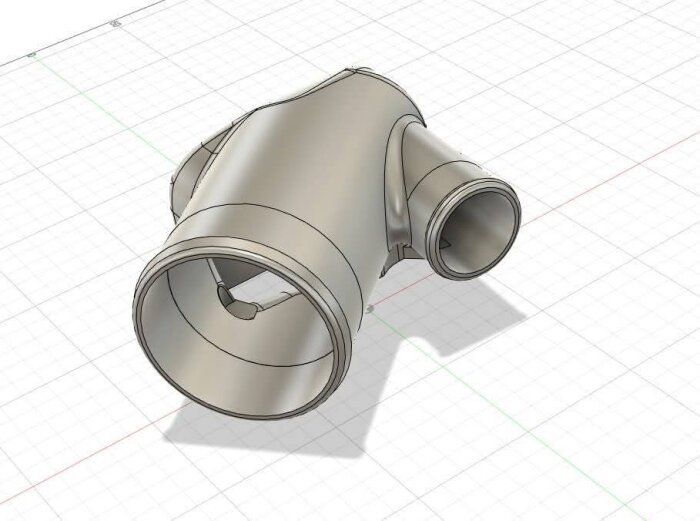 CAD-ritning av en gemensam tee-formad rörkomponent, sannolikt aluminium.