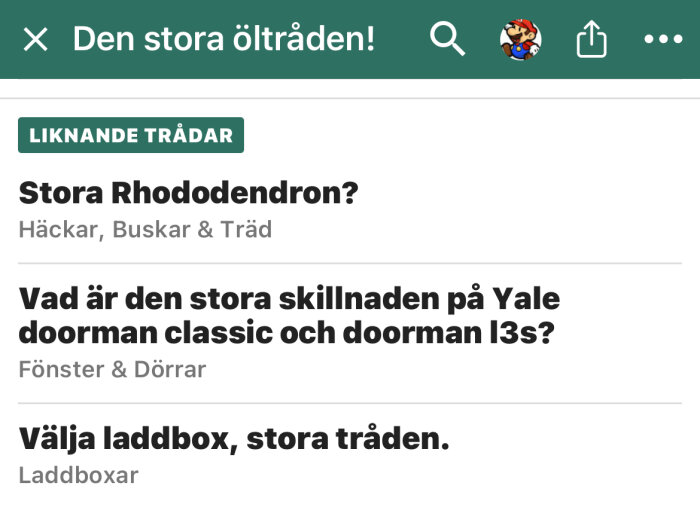 En skärmbild av ett diskussionsforum som visar liknande trådar om Rhododendron, Yale Doorman, och laddboxar under "Den stora öltråden!".
