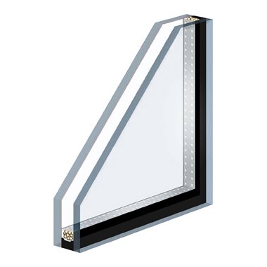 Illustration av en glaskassett med tre glaslager och en metallist med gummitätning, utan ram.