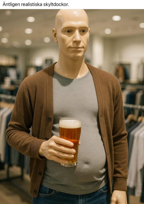 Mannekäng med grå tröja och brun kofta håller i ett glas öl i en klädaffär.