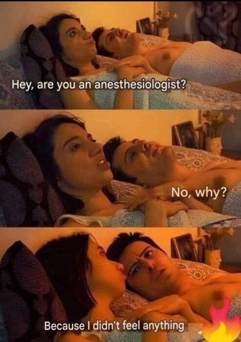 En trepanelsbild med en man och kvinna i sängen; texten skapar en humoristisk dialog om anestesiologi och känslan av att inte känna något.