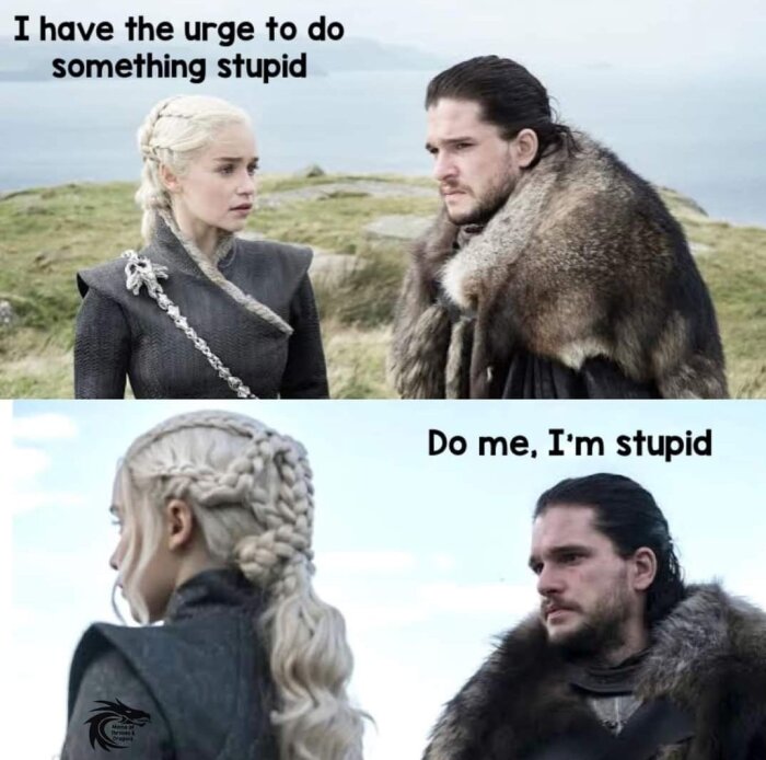 Två personer iklädda medeltida kläder står ute på en kulle. Bildtext: "I have the urge to do something stupid" och "Do me, I'm stupid.