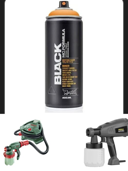 Sprayburk och två sprutpistoler för att måla köksluckor av MDF.