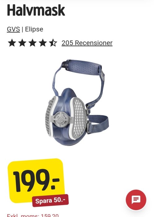 Halvmask GVS Elipse i blått med grå filter, pris 199 kr, med erbjudande om att spara 50 kr. 205 recensioner, 4,5 av 5 stjärnor.