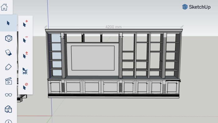 3D-renderad ritning av en inbyggd hylla med TV-utrymme, förvaringsskåp och öppna hyllor. Storlek angiven som 4200 mm bred.