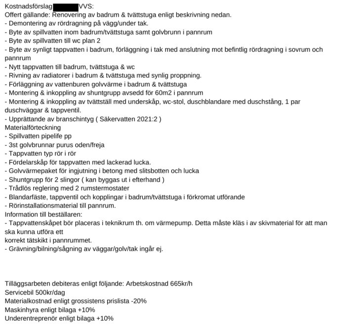 Offert för renovering av badrum och tvättstuga, innehåller kostnadsförslag och materialförteckning för VVS-arbete inklusive tappvatten och golvvärme.