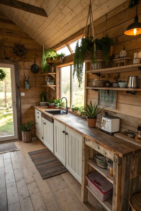 Rustikt lantkök med träpaneler och bänkskivor, krukväxter, fönster med utsikt och hängande växter; träfärgat golv visas.