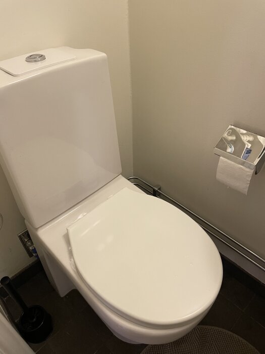 Toalett installerad i ett badrum med en toalettrullehållare på väggen och ett svart toalettborstställ bredvid.