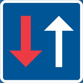 Vägmärke för mötande trafik har väjningsplikt, med fel riktning på pilarna; röd pil pekar neråt, vit pil uppåt.