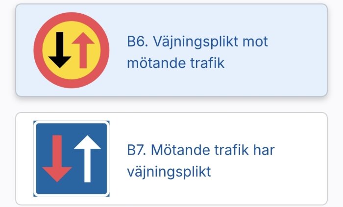 Trafikskyltar B6 och B7 om väjningsplikt: B6 visar gul skylt för väjningsplikt mot mötande trafik, B7 blå skylt för att mötande trafik har väjningsplikt.