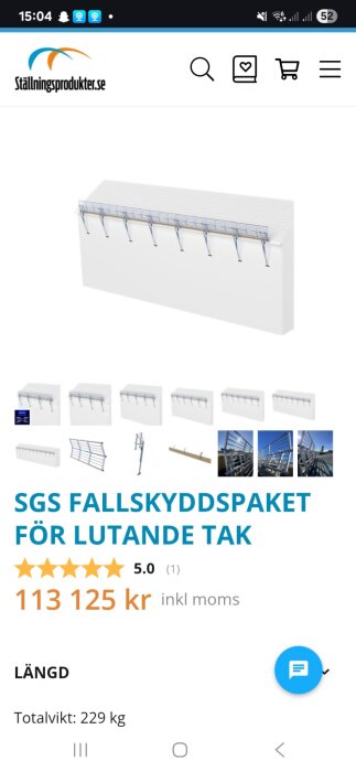 Bild av SGS fallskyddspaket för lutande tak, visas med produktbilder och prisinformation på webbplatsen ställningsprodukter.se.