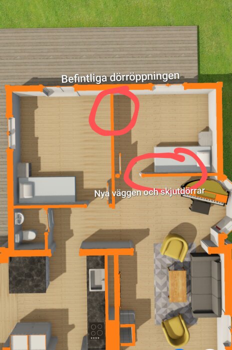 Planlösning som visar befintlig dörröppning och planerad ny vägg med skjutdörrar, markerade med cirklar och text.