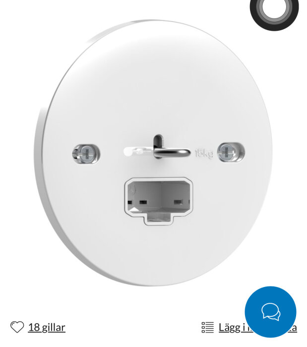Vit takkontakt med DCL-uttag för montering av lampa, visas från framsidan med skruvhål och hållarmekanism.