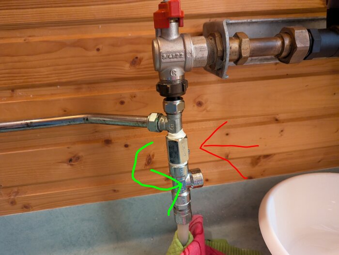 Ventil i sommarstuga med rörkopplingar. Röda pilen pekar på ventilen som behöver bytas, medan gröna pilen visar skruvriktningen.
