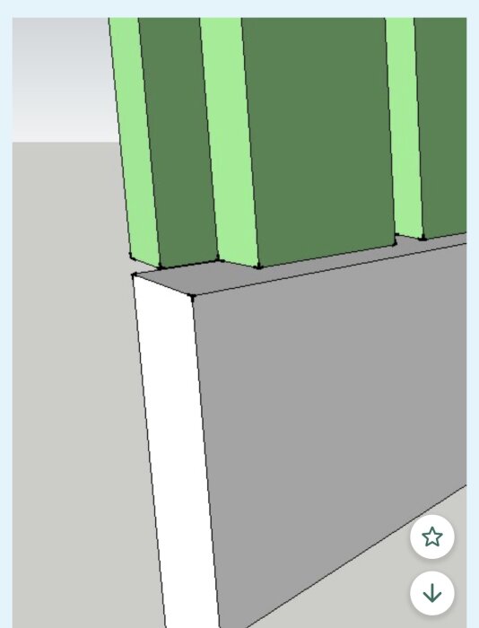 Gröna träpaneler monterade med mellanrum ovanpå en grå yta, visar en konstruktion med offerbräda eller plåt enligt texten.
