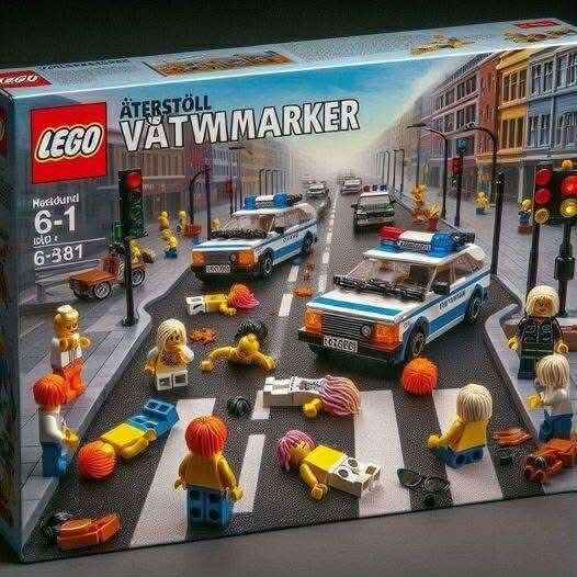 Lego-förpackning med polisbilar och figurer på väg i stadsmiljö, text "Återställ Väktmarker".