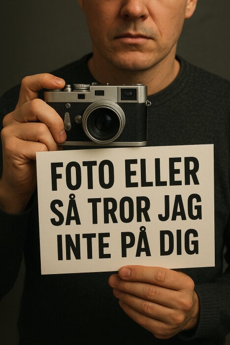 En person håller i en kamera och en skylt med texten "Foto eller så tror jag inte på dig".