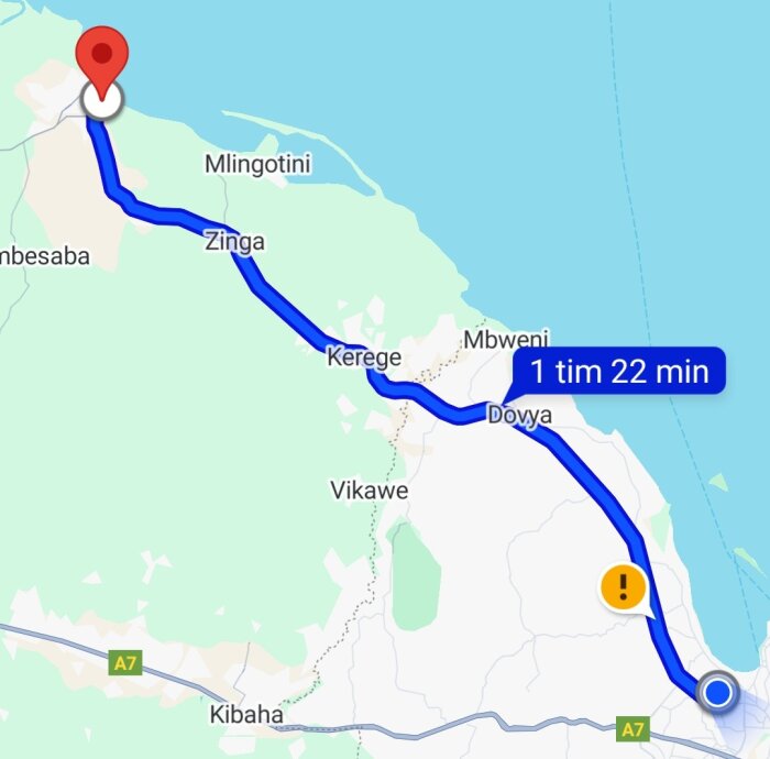Karta över färdväg från Bagamoyo till en plats nära kusten, med uppskattad restid på 1 timme och 22 minuter.