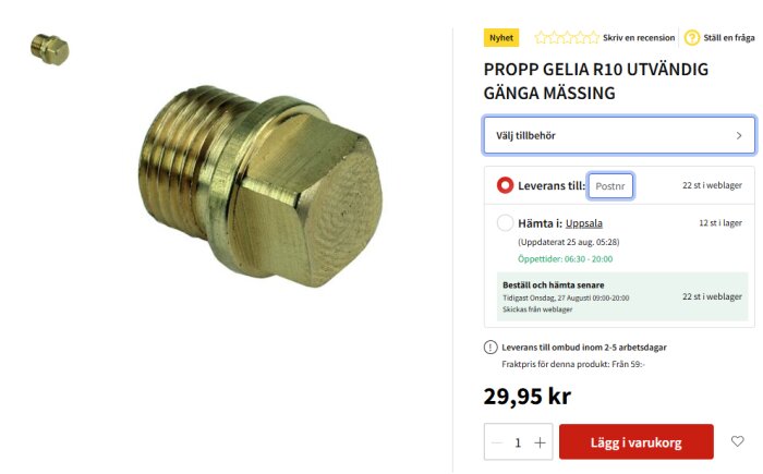 Guldfärgad propp av mässing med utvändig gänga, märkt som Gelia R10. Visas i annons från en webbshop med prisinformation.