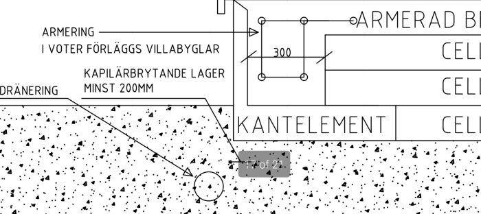 Byggnadsritning visar armering, kantelement och kapillärbrytande lager med dränering. Måttangivelser inkluderar.