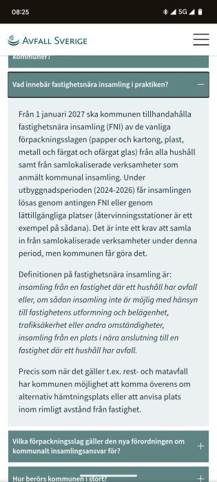 Skärmdump av Avfall Sveriges hemsida om fastighetsnära insamling med text om nya regler för återvinning från 2027.