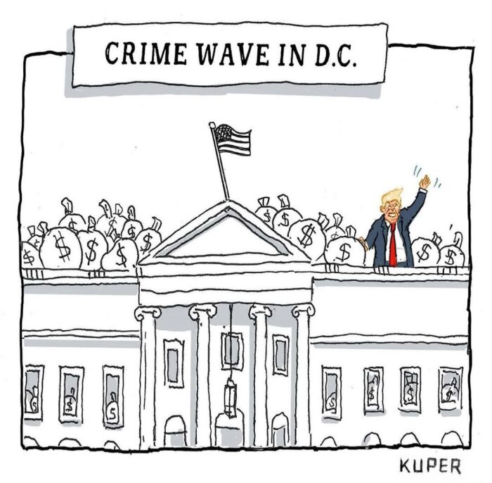 Tecknad bild av ett emblematiskt byggnadstak fullt med säckar märkta med dollartecken, med en person som vinkar bredvid. Text: "Crime Wave in D.C.