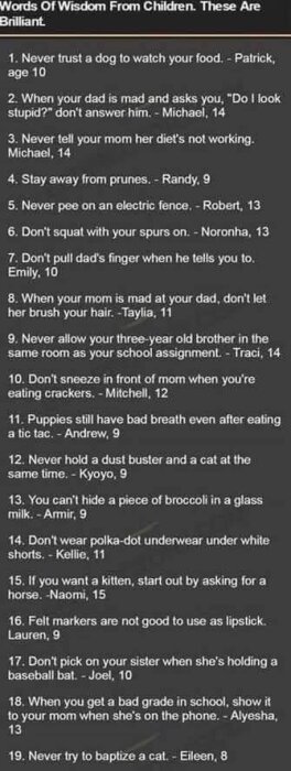 Lista med "Words of Wisdom from Children", där barn i olika åldrar ger humoristiska råd som inkluderar att inte lita på hundar med mat och undvika elektriska stängsel.