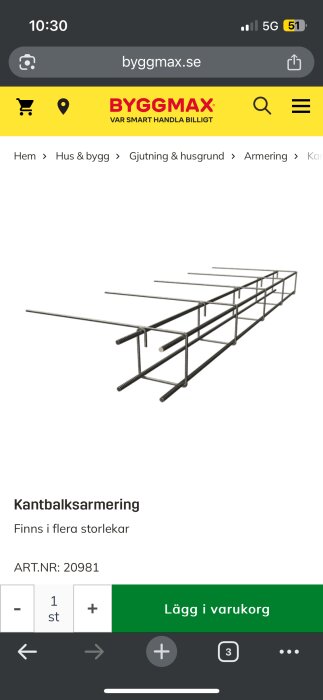 Kantbalksarmering av metallstänger i ett rutnät, används för byggkonstruktion, visas med produktinfo från Byggmax.