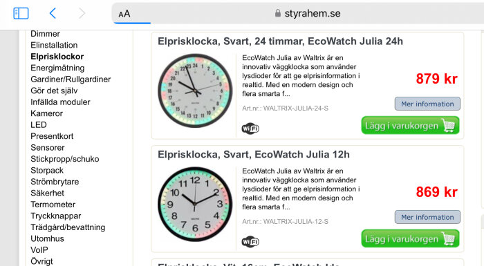 Skärmdump av en webbshop som visar två elprisklockor med WiFi, modell EcoWatch Julia, med priserna 879 kr och 869 kr.