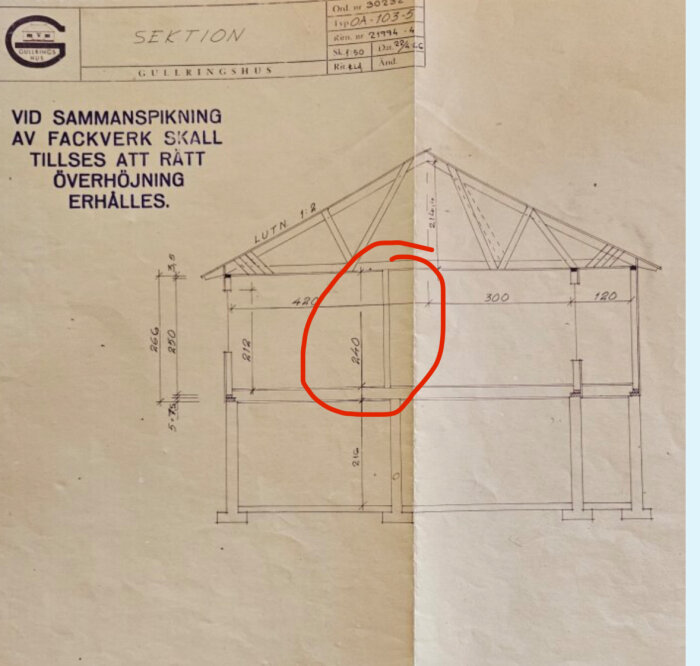 Byggnadsritning av takstol med markerad vägg för stöd, med textinstruktioner om sammanfogning av fackverk.