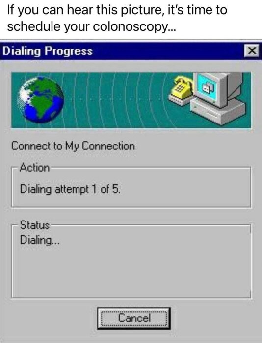 Datorgränssnitt för gammal modemuppkoppling med text om uppringningsstatus och ett skämt om åldersrelaterad undersökning.