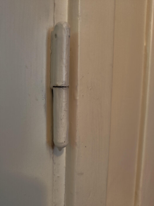 Gångjärn på en dörr, troligen från 50-talet, som sitter fast. Potential för stiftborttagning för att ta bort dörren anges i inlägg.