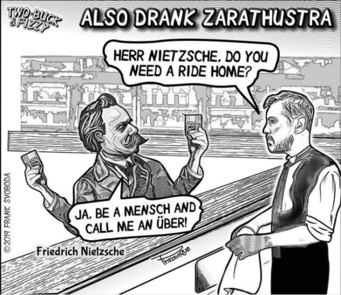 Tecknad bild av en man vid baren som föreslår skjuts hem till en annan man, som skämtar om att behöva en taxi.